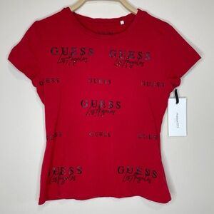 Guess Women’s t-shirt Vintage Red Rhinestone All Over Print Baby Tee McBling S
